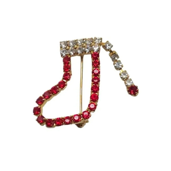 Red Clear Rhinestone Christmas Stocking Brooch Pin Gold Tone Vintage - Picture 1 of 4